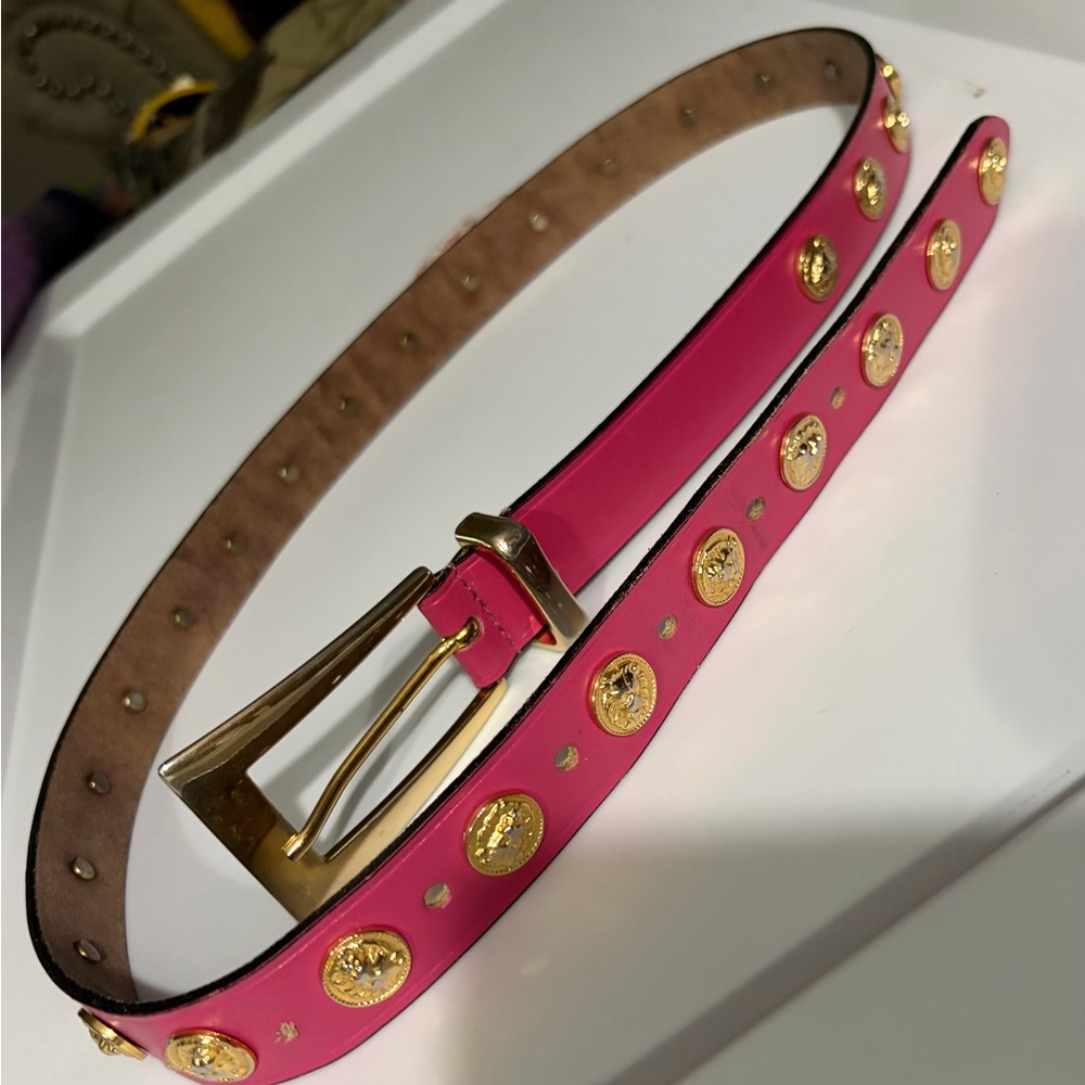 The Limited Pink Leather Belt with Gold Medallion Hardware